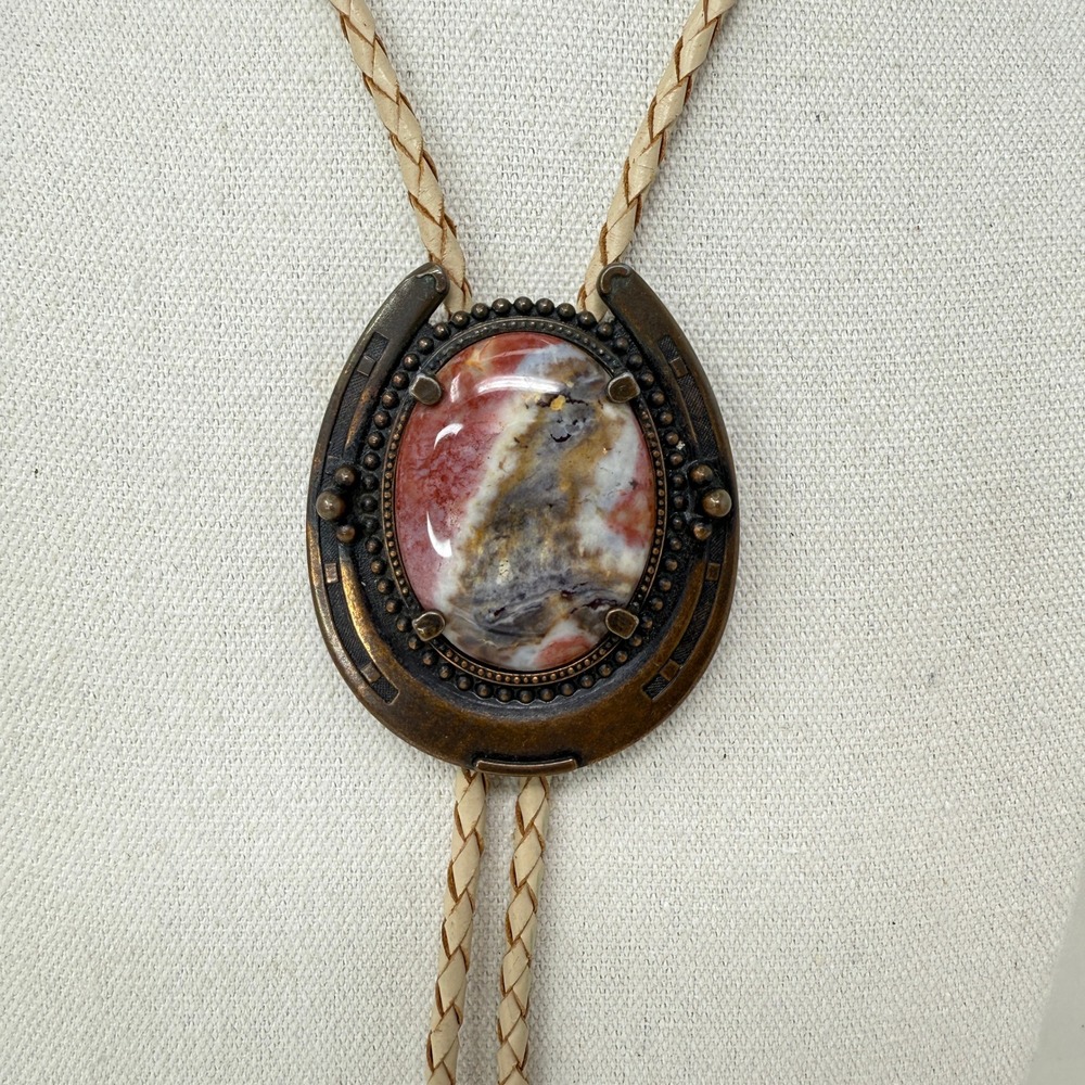 Bennett Horseshoe Bolo Tie Large Stone Leather Cord‎ Western Cowboy
